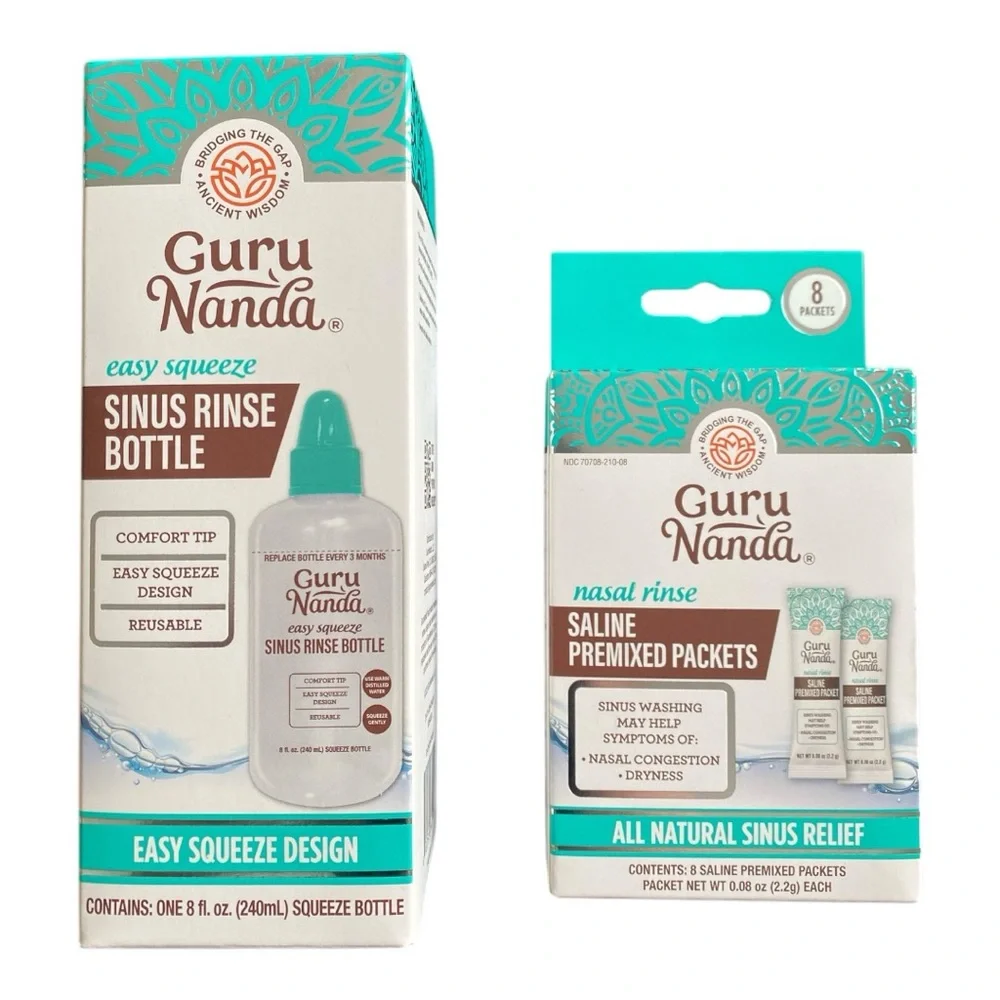 2 Piece Set Of Guru Nanda Sinus Rinse Bottle Nasal Rinse Saline Premixed Packets
